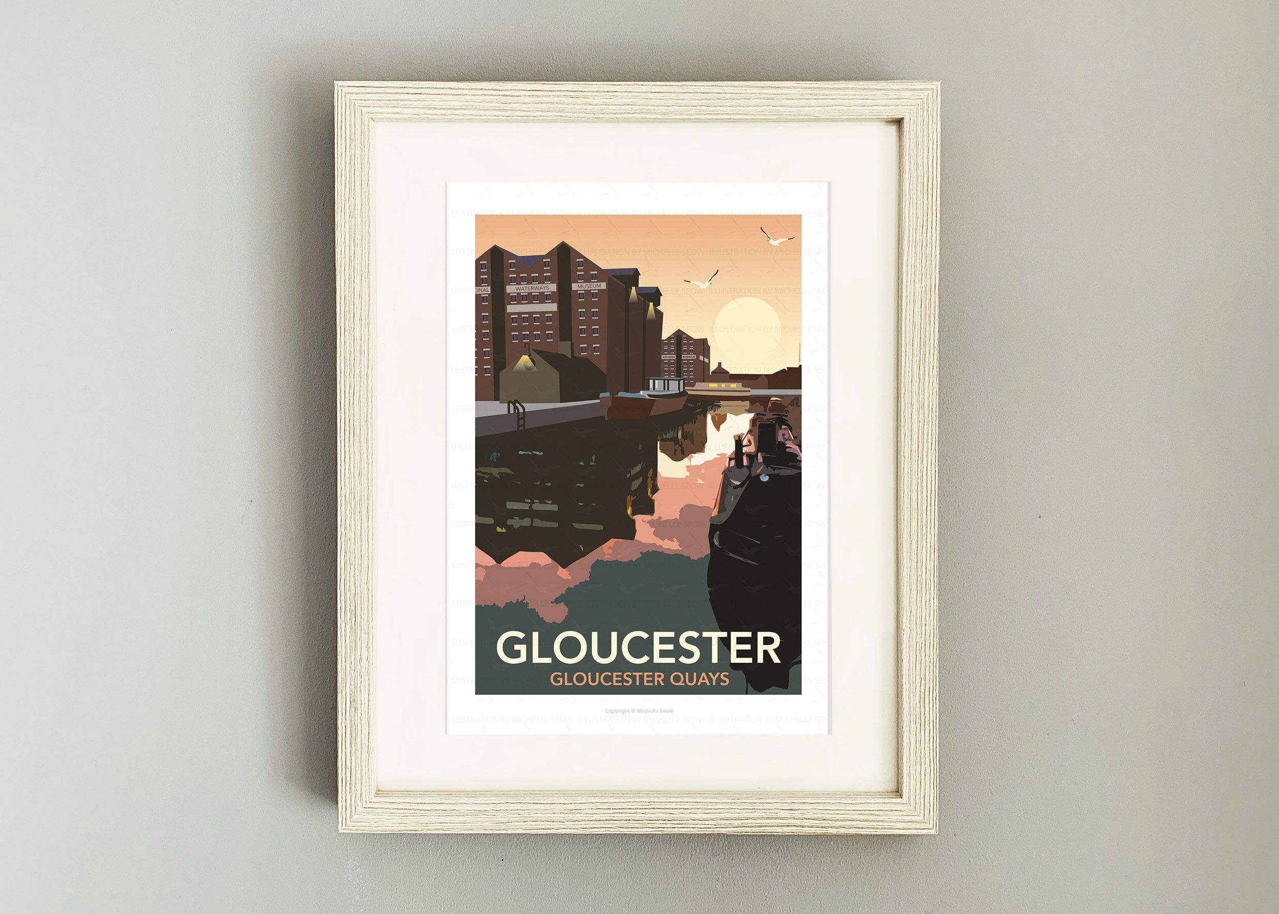 Framed illustration of Gloucester Docks at night