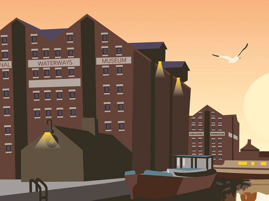 Close up illustration of Gloucester Docks at night