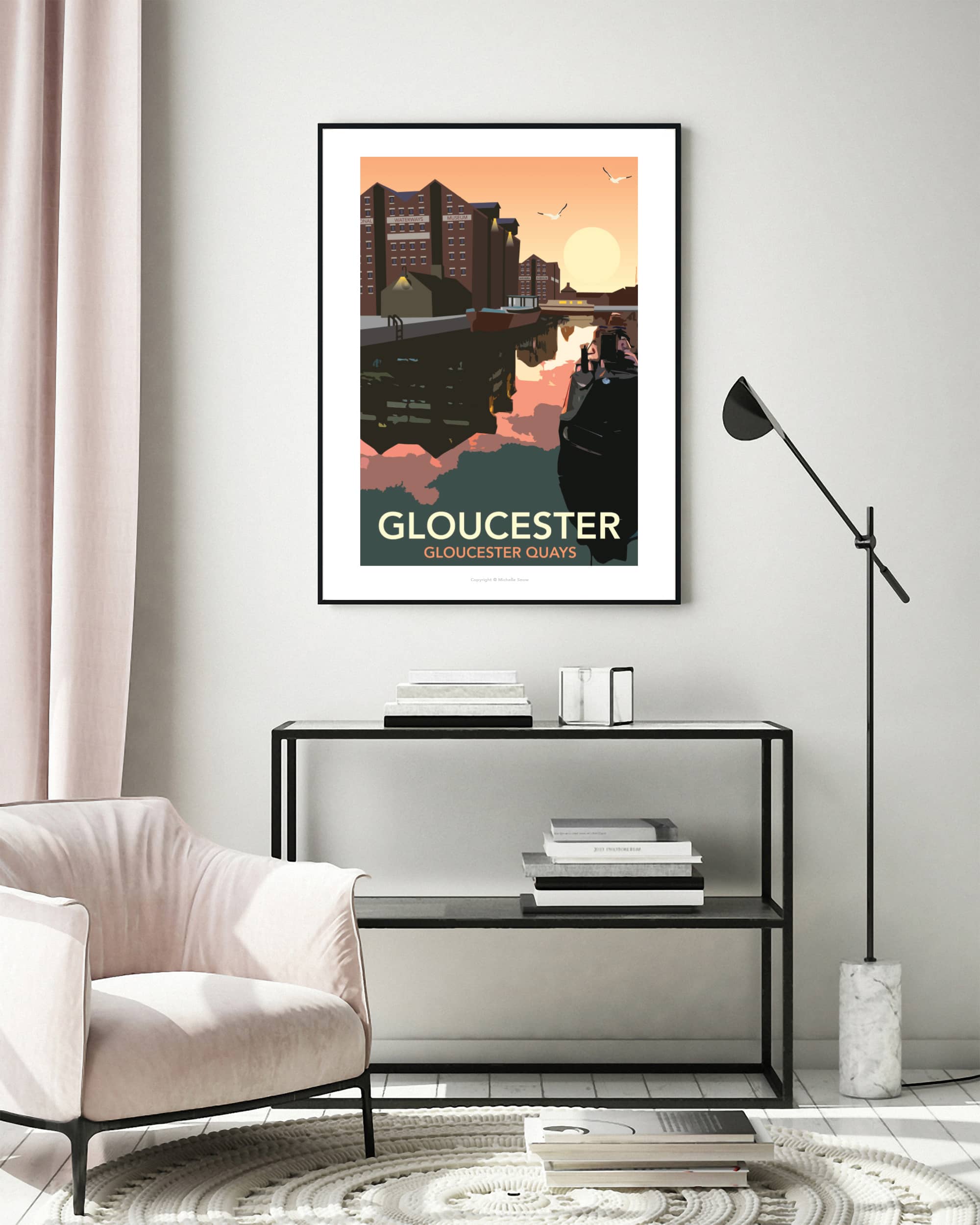Gloucester Docks at night illustrated travel poster