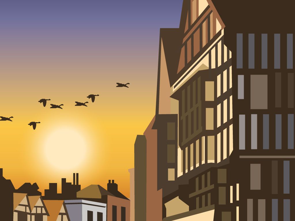 Close up of Travel post of Tewkesbury at sunset