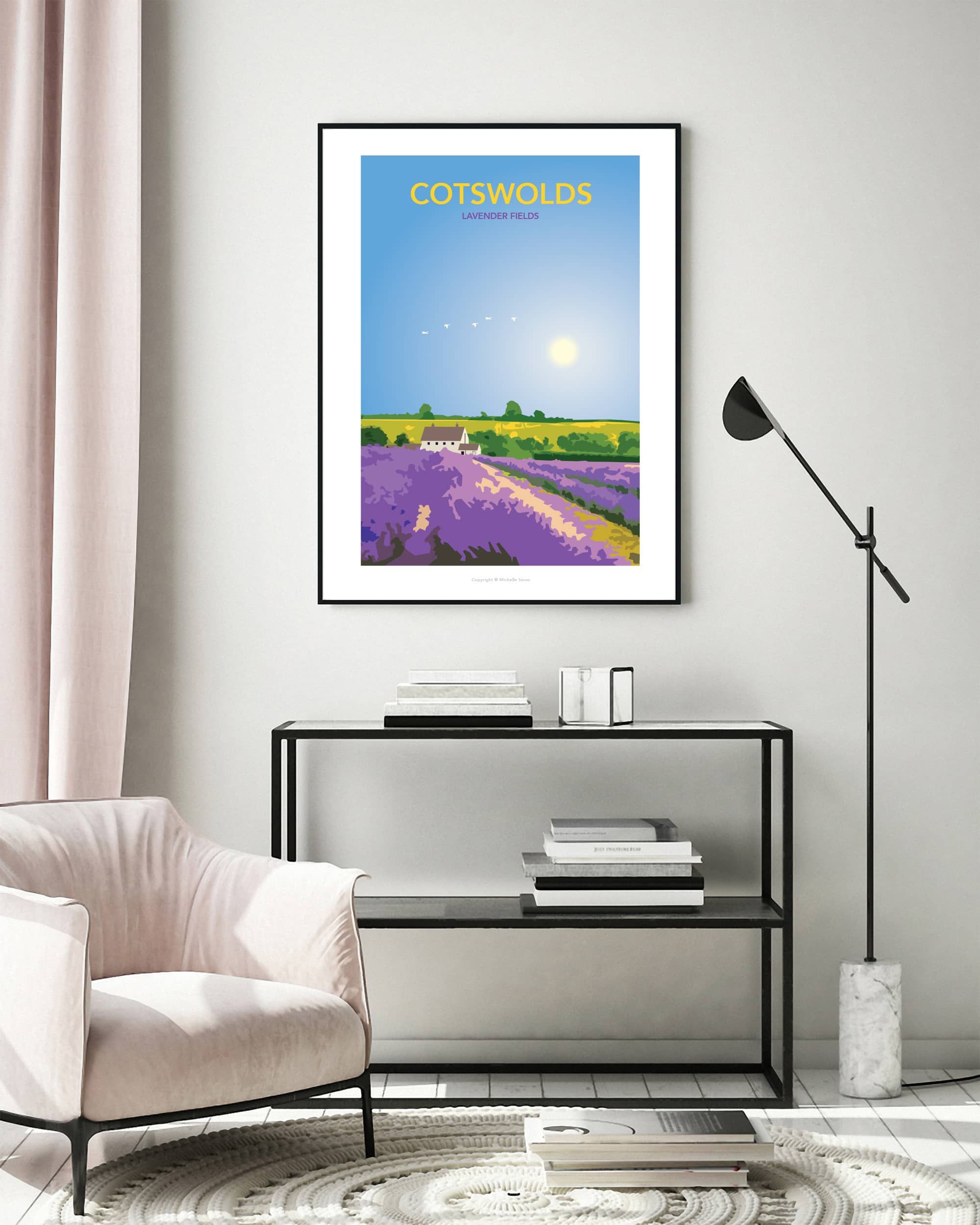 Illustrated travel poster of Cotswold Lavender