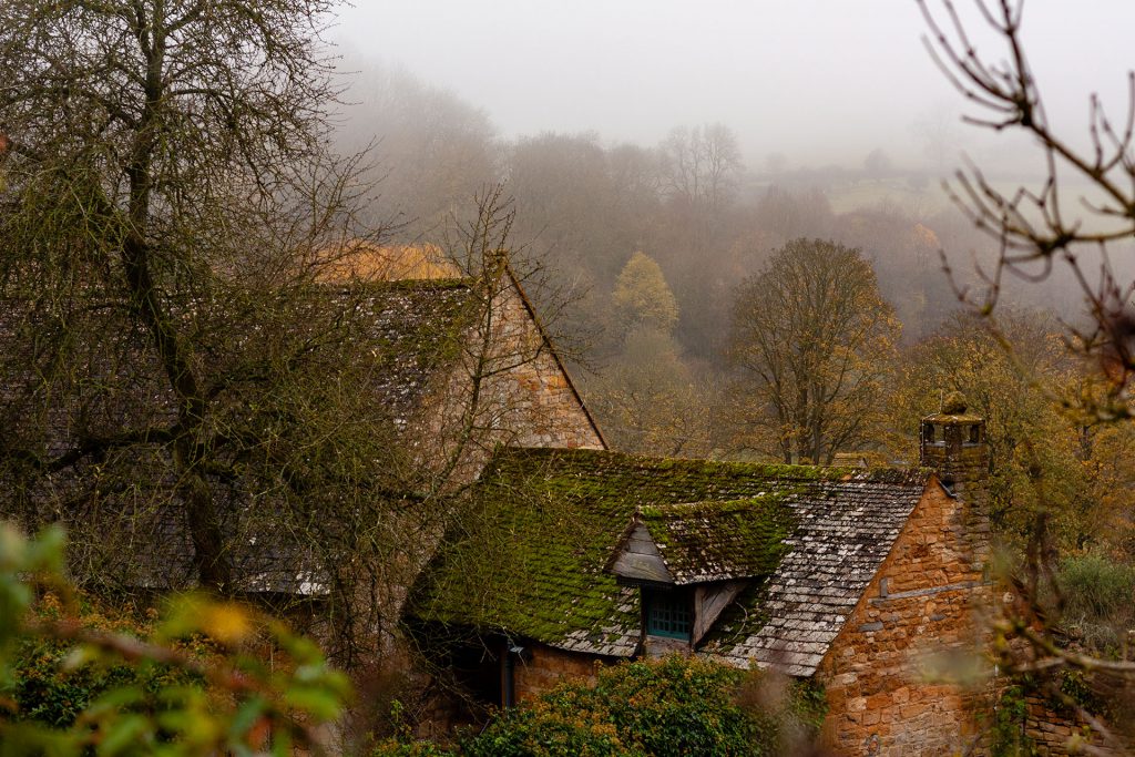 Looking over Snowshill Manor, in the mist